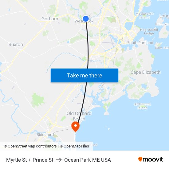 Myrtle St + Prince St to Ocean Park ME USA map