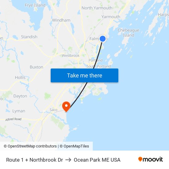 Route 1 + Northbrook Dr to Ocean Park ME USA map