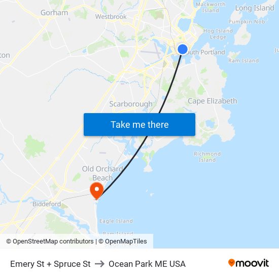 Emery St + Spruce St to Ocean Park ME USA map