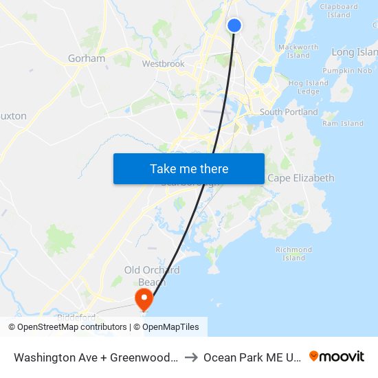 Washington Ave + Greenwood Ln to Ocean Park ME USA map