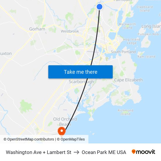 Washington Ave + Lambert St to Ocean Park ME USA map