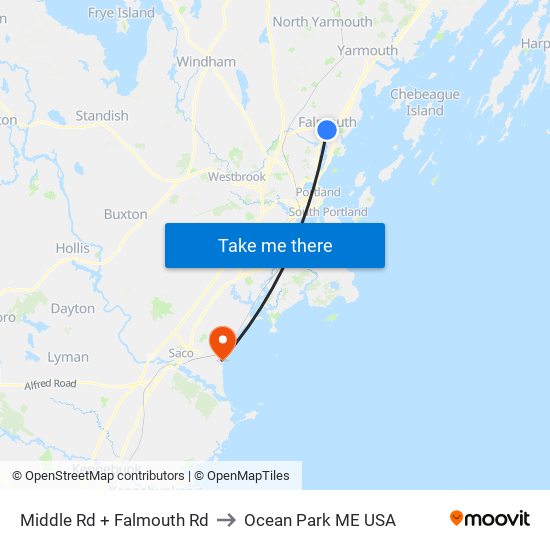 Middle Rd + Falmouth Rd to Ocean Park ME USA map