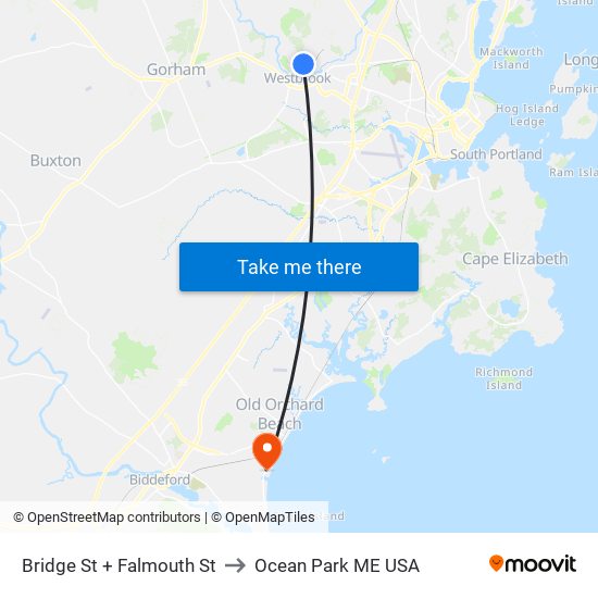 Bridge St + Falmouth St to Ocean Park ME USA map