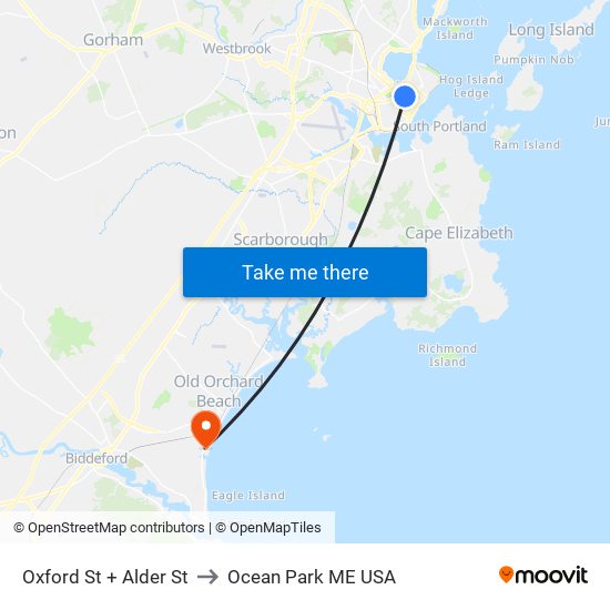 Oxford St + Alder St to Ocean Park ME USA map