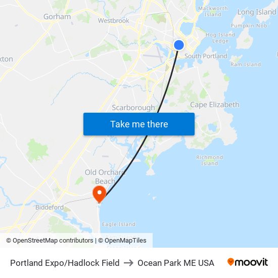 Portland Expo/Hadlock Field to Ocean Park ME USA map