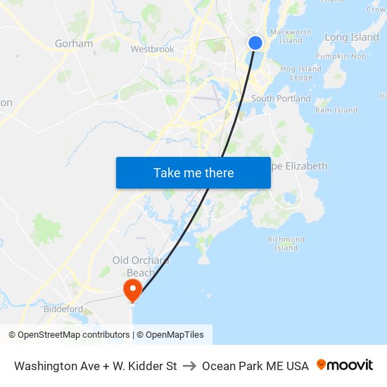 Washington Ave + W. Kidder St to Ocean Park ME USA map