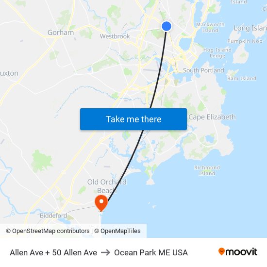 Allen Ave + 50 Allen Ave to Ocean Park ME USA map