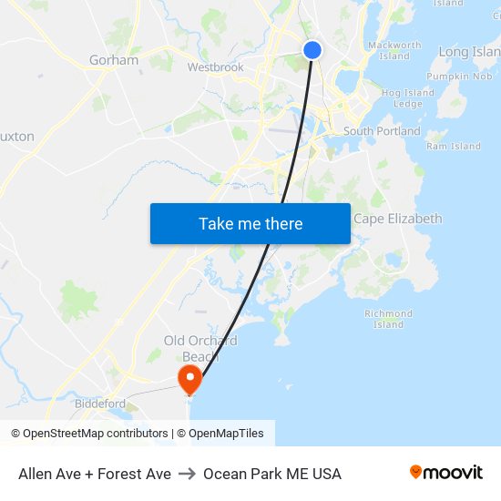 Allen Ave + Forest Ave to Ocean Park ME USA map