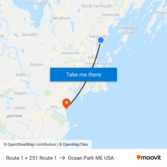 Route 1 + 251 Route 1 to Ocean Park ME USA map