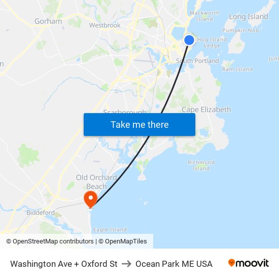 Washington Ave + Oxford St to Ocean Park ME USA map