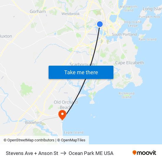 Stevens Ave + Anson St to Ocean Park ME USA map