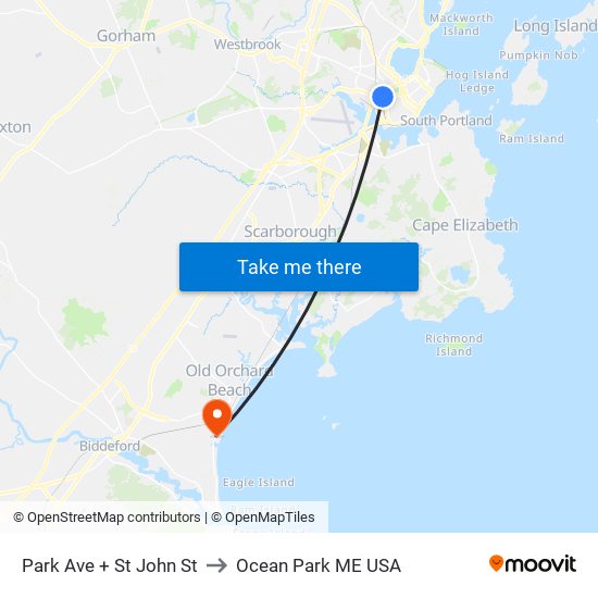 Park Ave + St John St to Ocean Park ME USA map