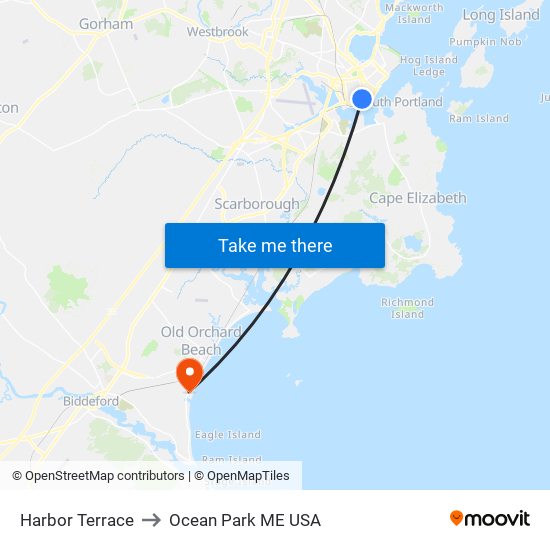 Harbor Terrace to Ocean Park ME USA map