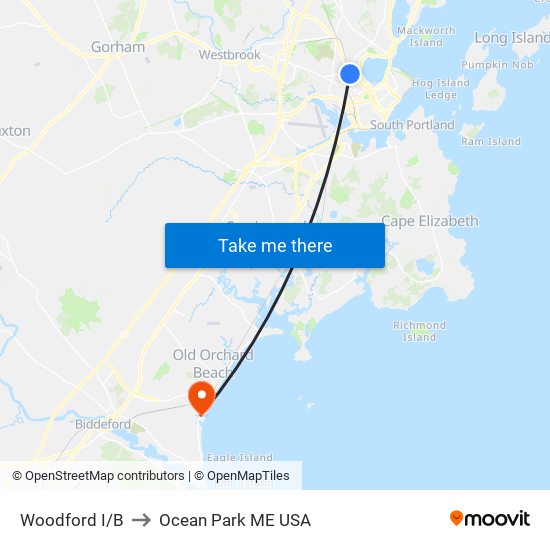 Woodford I/B to Ocean Park ME USA map