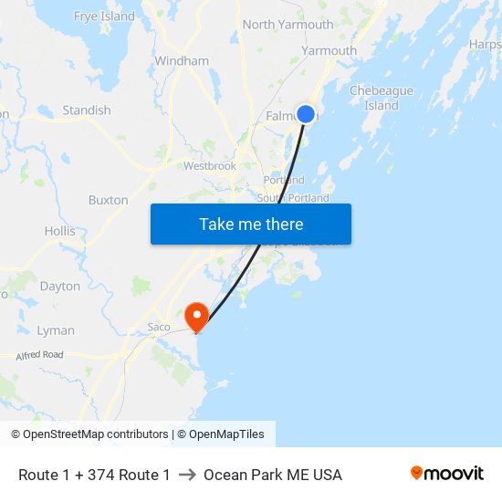 Route 1 + 374 Route 1 to Ocean Park ME USA map