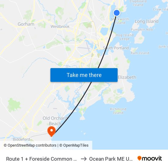 Route 1 + Foreside Common Rd to Ocean Park ME USA map