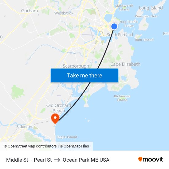 Middle St + Pearl St to Ocean Park ME USA map
