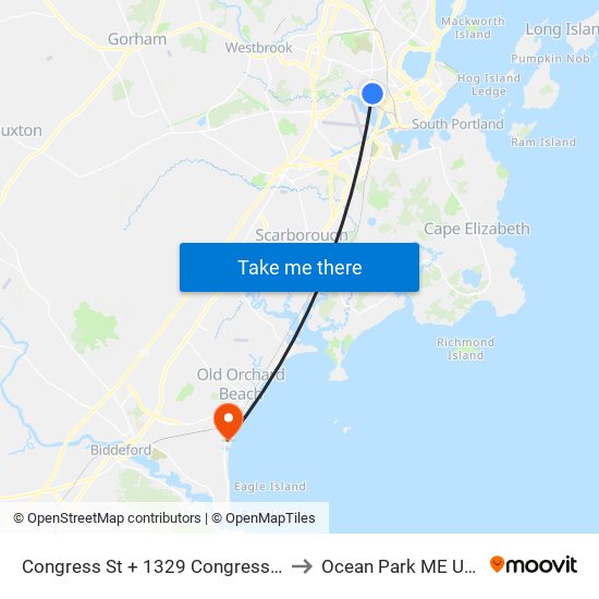 Congress St + 1329 Congress St to Ocean Park ME USA map