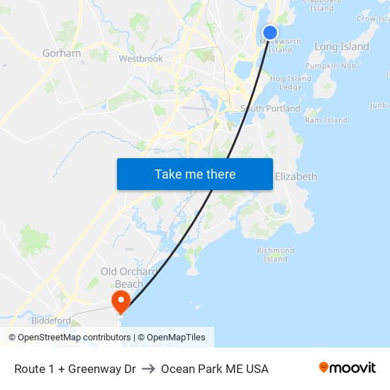 Route 1 + Greenway Dr to Ocean Park ME USA map