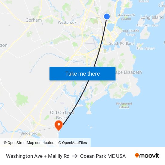 Washington Ave + Malilly Rd to Ocean Park ME USA map