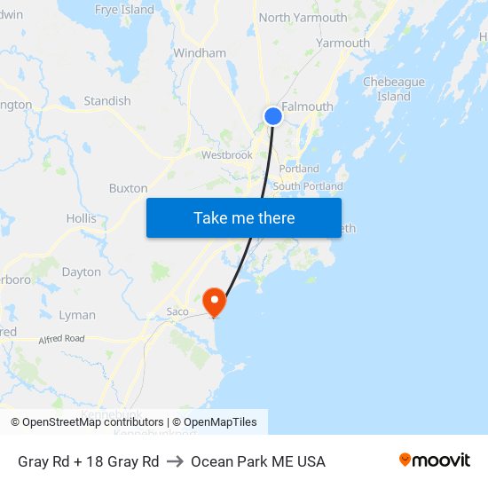 Gray Rd + 18 Gray Rd to Ocean Park ME USA map