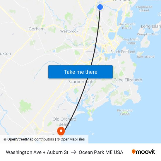 Washington Ave + Auburn St to Ocean Park ME USA map