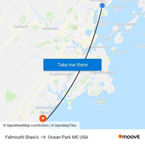 Falmouth Shaw's to Ocean Park ME USA map