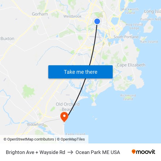 Brighton Ave + Wayside Rd to Ocean Park ME USA map