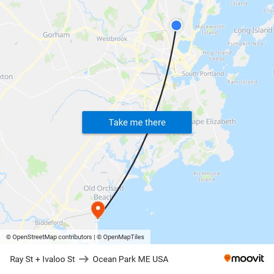 Ray St + Ivaloo St to Ocean Park ME USA map