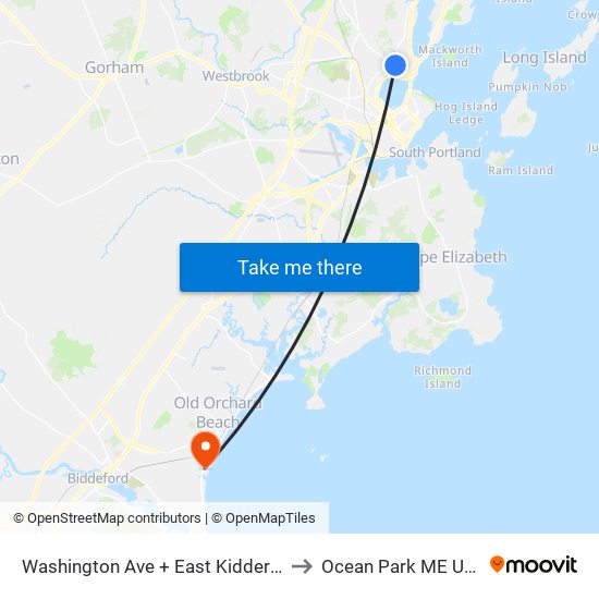 Washington Ave + East Kidder St to Ocean Park ME USA map