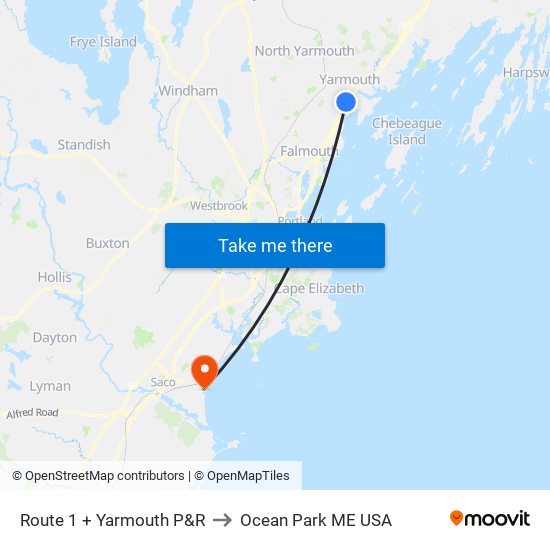 Route 1 + Yarmouth P&R to Ocean Park ME USA map