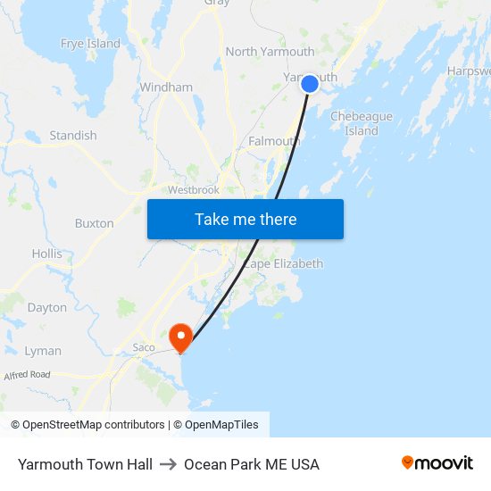 Yarmouth Town Hall to Ocean Park ME USA map