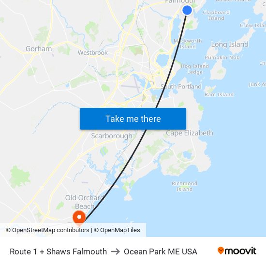 Route 1 + Shaws Falmouth to Ocean Park ME USA map