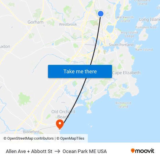 Allen Ave + Abbott St to Ocean Park ME USA map