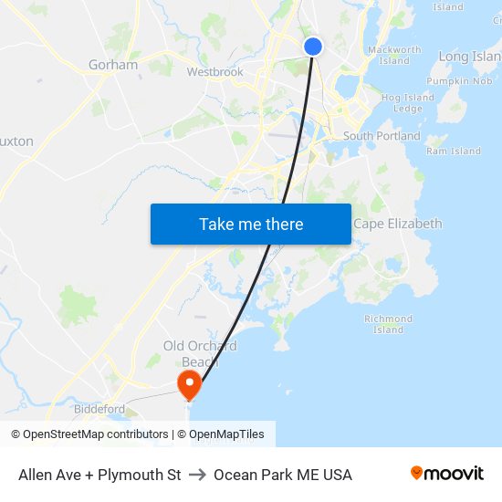 Allen Ave + Plymouth St to Ocean Park ME USA map