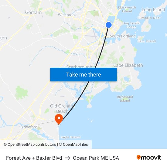 Forest Ave + Baxter Blvd to Ocean Park ME USA map