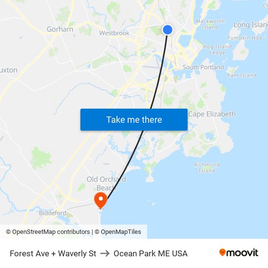 Forest Ave + Waverly  St to Ocean Park ME USA map