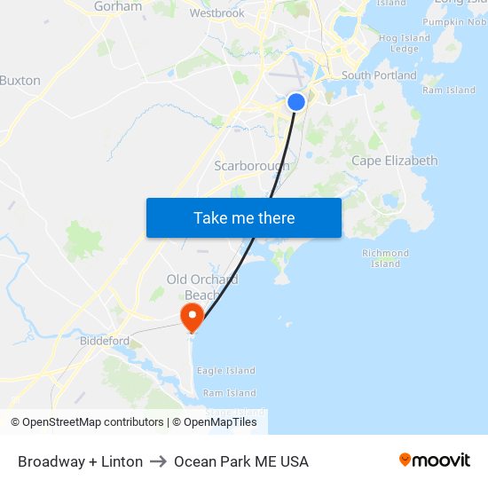 Broadway + Linton to Ocean Park ME USA map