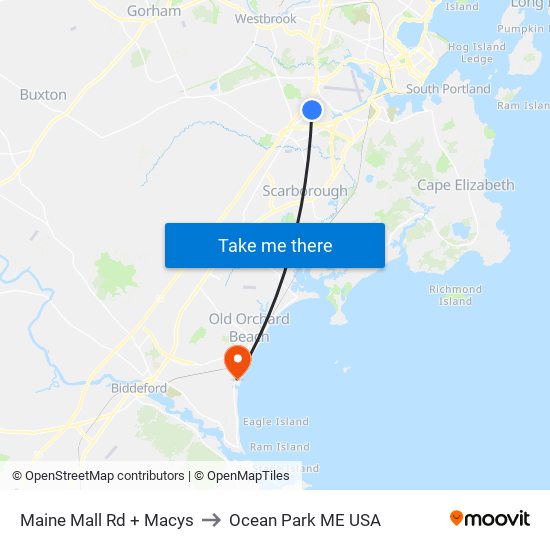 Maine Mall  Rd + Macys to Ocean Park ME USA map