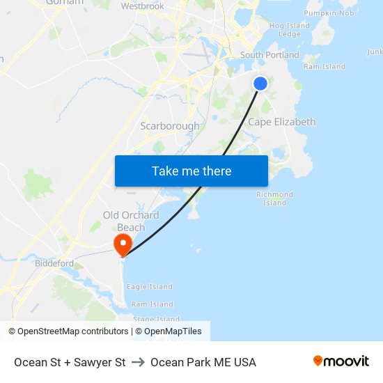 Ocean St + Sawyer St to Ocean Park ME USA map