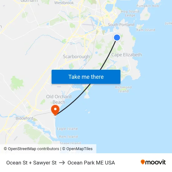 Ocean St + Sawyer St to Ocean Park ME USA map
