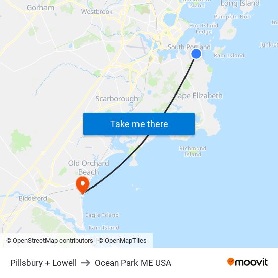 Pillsbury + Lowell to Ocean Park ME USA map