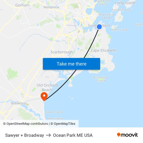 Sawyer + Broadway to Ocean Park ME USA map