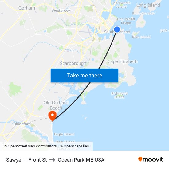 Sawyer + Front St to Ocean Park ME USA map