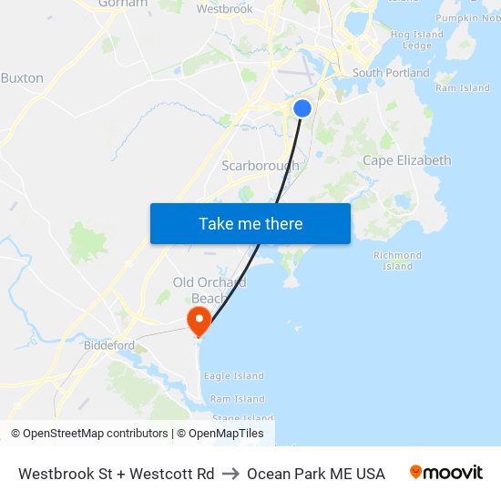 Westbrook St + Westcott Rd to Ocean Park ME USA map