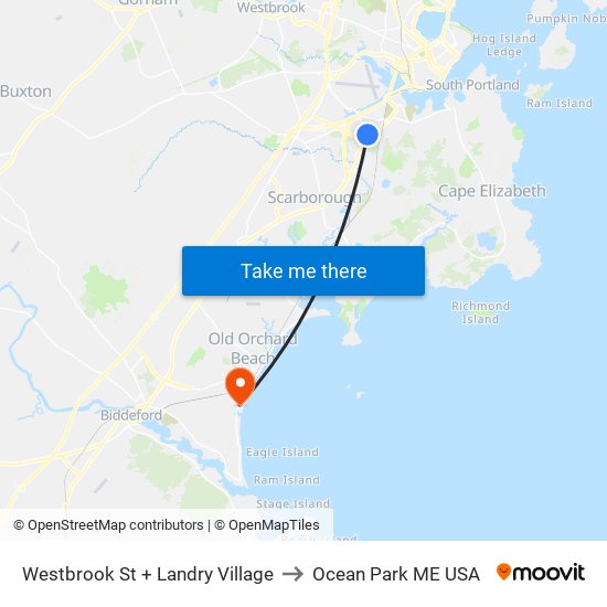 Westbrook St + Landry Village to Ocean Park ME USA map