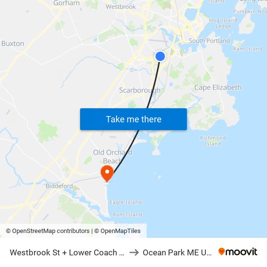 Westbrook St + Lower Coach Rd to Ocean Park ME USA map