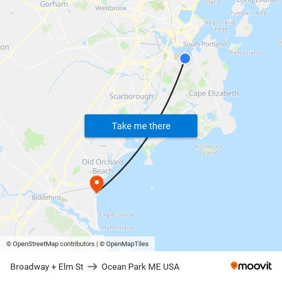 Broadway + Elm St to Ocean Park ME USA map