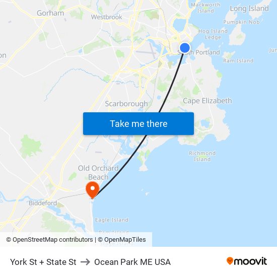 York St + State St to Ocean Park ME USA map