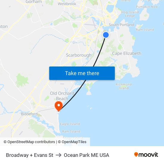 Broadway + Evans St to Ocean Park ME USA map
